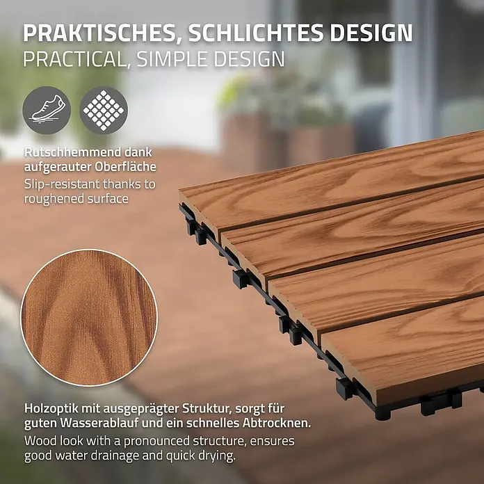 ML-Design Terrassenfliese Bodenbelag 5m²/55 Stück Hellbraun rutschfest Balkonfliesen - 30 cm x 30 cm x 20 mm, Hellbraun - Braunfarbene Holzoptik-Terrassenfliesen mit aufgerauter Oberfläche und ausgeprägter Struktur für Rutschfestigkeit und Wasserablauf.