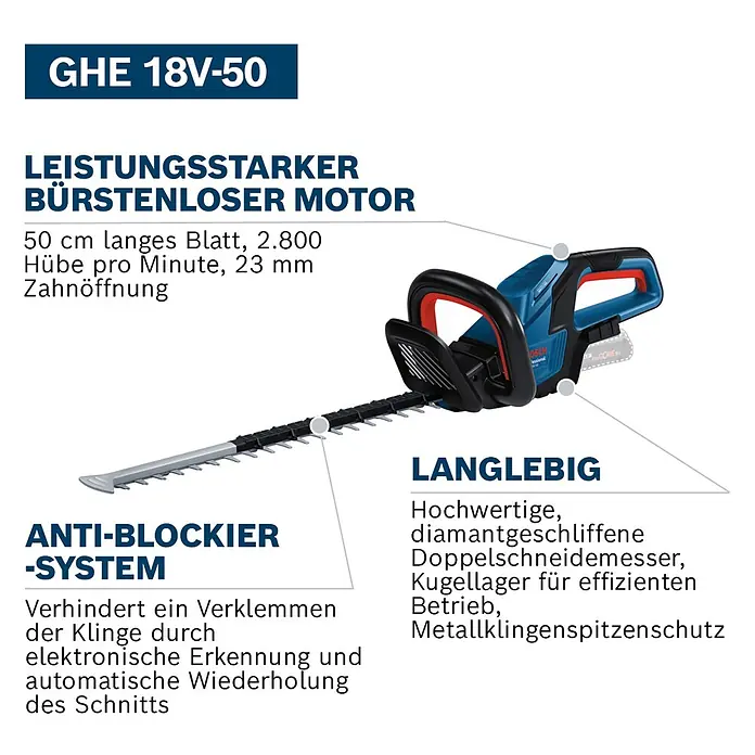 Bosch Professional AMPShare 18V Akku-Heckenschere GHE 18V-50 II - 18 V, Ohne Akku, Schwertlänge: 50 cm - Blau-schwarze Bosch Akku-Heckenschere mit langem, silbernem Schwert.