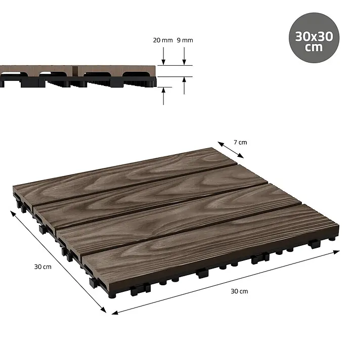 ML-Design Terrassenfliese Bodenbelag 4m²/44 Stück Dunkelbraun rutschfest Balkonfliesen - 30 cm x 30 cm x 20 mm, Dunkelbraun - Braune Holzoptik-Klickfliese mit schwarzer Kunststoffunterseite, 30x30 cm und 7 cm hoch.