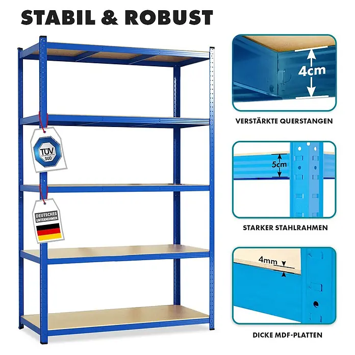 Floordirekt Schwerlastregal Titanrack - H x B x T: 180 x 90 x 60 cm, Traglast pro Boden: 175 kg, Anzahl Böden: 5 Stk., Stecken, Blau - Blaues Metallregal mit 5 Holzablagen, TÜV SÜD-zertifiziert, mit verstärkten Querstangen, starkem Stahlrahmen, dicken MDF-Platten und deutscher Herkunft.