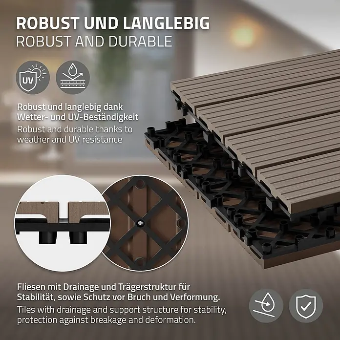 ECD Germany Terrassenfliese Bodenbelag 2m²/12 Stück Dunkelbraun rutschfest Balkonfliesen - 60 cm x 30 cm x 20 mm, Dunkelbraun - Robuste braune WPC-Terrassenfliesen mit integrierter schwarzer Drainage- und Trägerstruktur für Stabilität im Außenbereich.