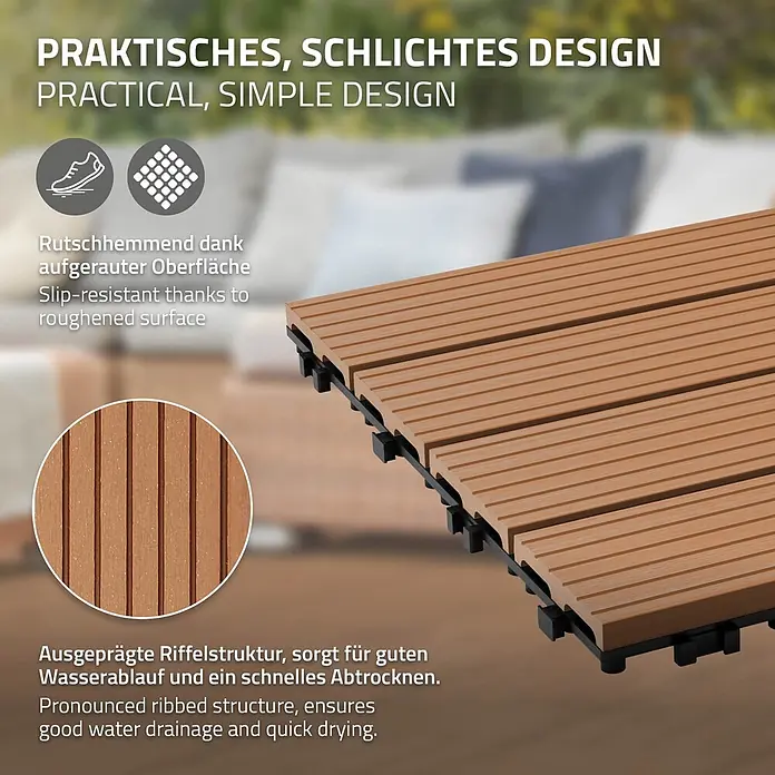 ECD Germany Terrassenfliese Bodenbelag 4m²/44 Stück Hellbraun rutschfest Balkonfliesen - 30 cm x 30 cm x 20 mm, Hellbraun - Braune, ineinandergreifende Terrassenfliesen mit geriffelter Oberfläche, geeignet für den Außenbereich.