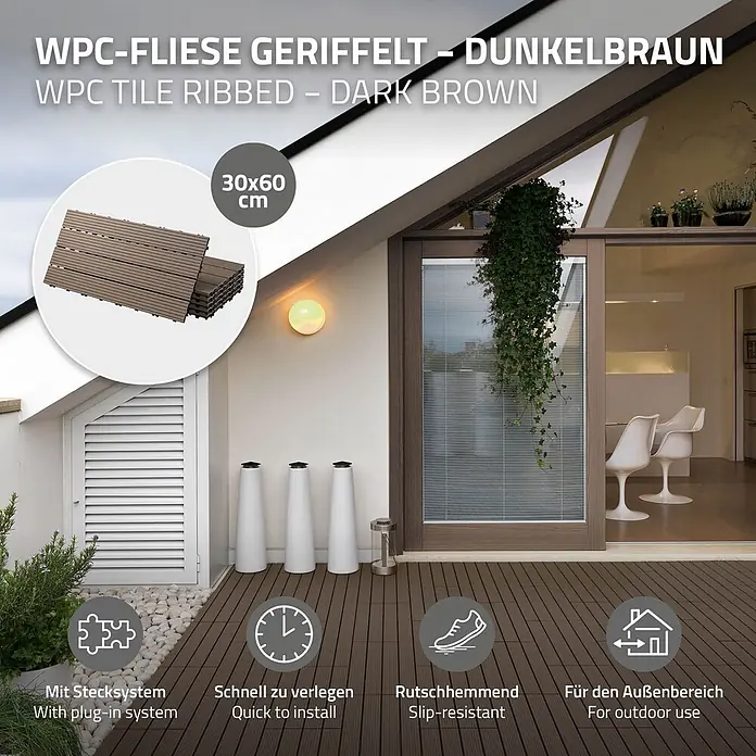 ECD Germany Terrassenfliese Bodenbelag 2m²/12 Stück Dunkelbraun rutschfest Balkonfliesen - 60 cm x 30 cm x 20 mm, Dunkelbraun - Dunkelbraune geriffelte WPC-Fliesen (30x60 cm) für den Außenbereich, verlegt mit Stecksystem. Schnell und rutschhemmend.