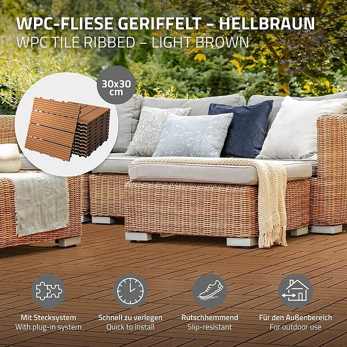 ECD Germany Terrassenfliese Bodenbelag 4m²/44 Stück Hellbraun rutschfest Balkonfliesen - 30 cm x 30 cm x 20 mm, Hellbraun - Hellbraune WPC-Fliesen (30x30 cm) für Terrassenböden im Außenbereich, mit Stecksystem, schnell verlegbar und rutschhemmend.