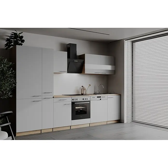 Respekta Küchenzeile Merle - Breite: 310 cm, Weiß, Mit Elektrogeräten - Moderne graue Küche mit integrierten Geräten, Holzdetails und Pflanze.