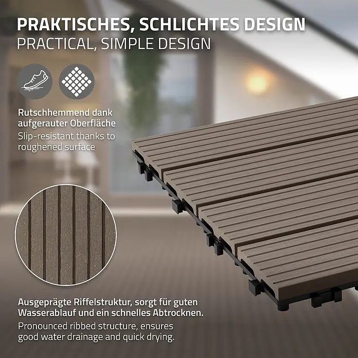 ECD Germany Terrassenfliese Bodenbelag 2m²/12 Stück Dunkelbraun rutschfest Balkonfliesen - 60 cm x 30 cm x 20 mm, Dunkelbraun - Braune, ineinandergreifende Terrassenfliesen für den Außenbereich mit geriffelter, rutschfester Oberfläche für schnellen Wasserablauf.