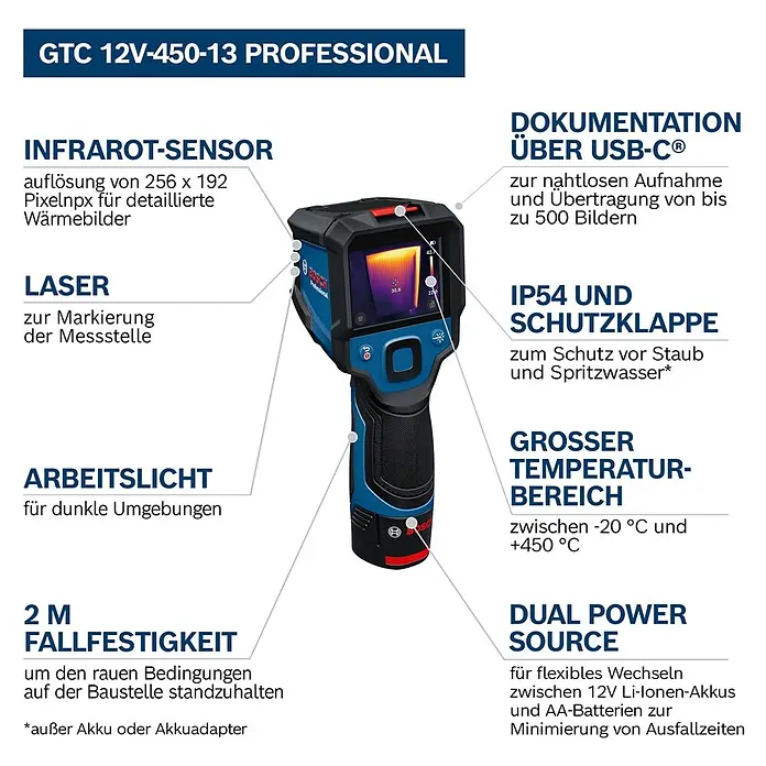 Bosch Professional Wärmebildkamera GTC 12V-450-13 - -20 °C - 450 °C - Blau-schwarze Bosch GTC 12V-450-13 Professional Wärmebildkamera mit Display, technische Daten werden angezeigt.
