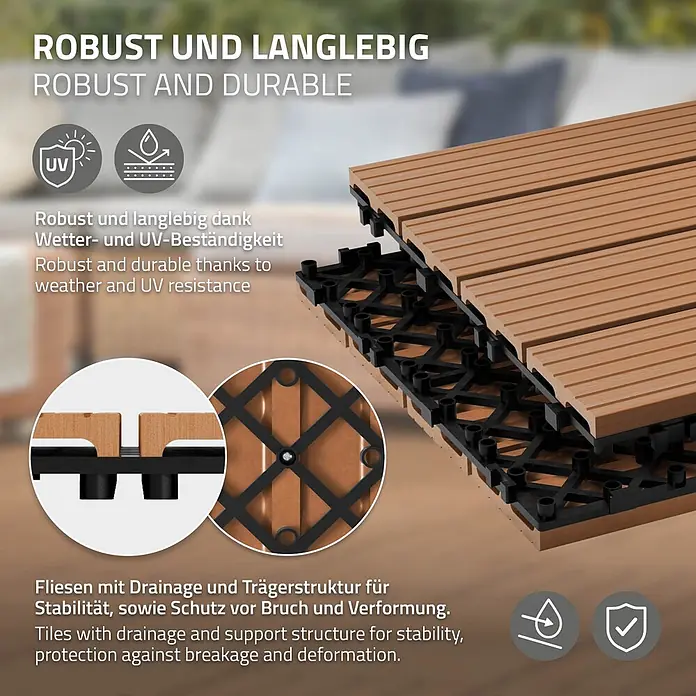 ECD Germany Terrassenfliese Bodenbelag 4m²/44 Stück Hellbraun rutschfest Balkonfliesen - 30 cm x 30 cm x 20 mm, Hellbraun - Braune Klick-Terrassenfliesen mit schwarzer Unterkonstruktion, zeigen Drainage- und Haltbarkeitsmerkmale für den Außenbereich.