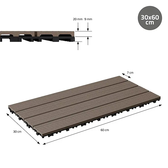 ECD Germany Terrassenfliese Bodenbelag 2m²/12 Stück Dunkelbraun rutschfest Balkonfliesen - 60 cm x 30 cm x 20 mm, Dunkelbraun - Braune, gerillte WPC-Terrassenplatte mit schwarzer Klick-Unterkonstruktion, 30x60 cm.