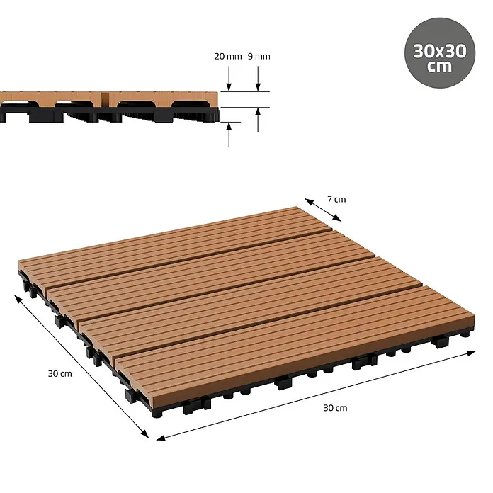 ECD Germany Terrassenfliese Bodenbelag 4m²/44 Stück Hellbraun rutschfest Balkonfliesen - 30 cm x 30 cm x 20 mm, Hellbraun - Braun-orange WPC-Verbundterrassendiele, 30x30 cm, mit schwarzer Unterkonstruktion. Maße für Höhe und Dielenstärke angegeben.