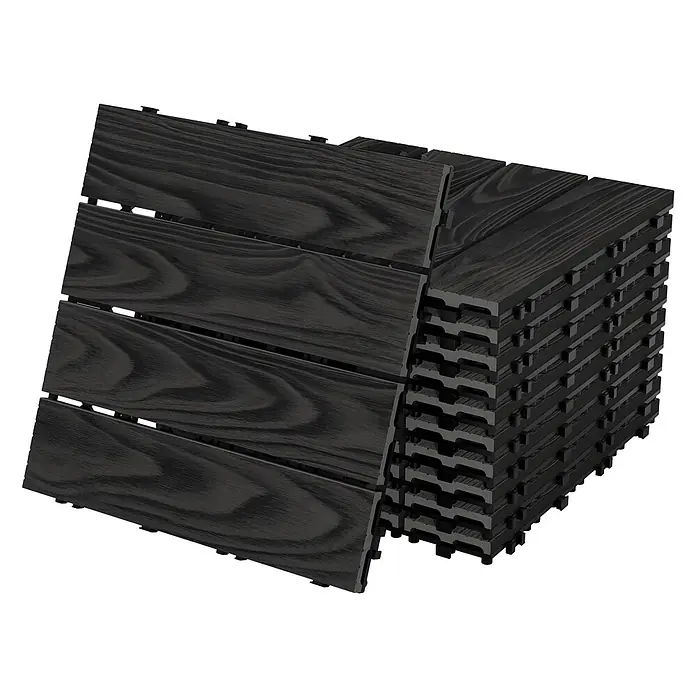 ML-Design Terrassenfliese Bodenbelag 1m²/11 Stück Anthrazit rutschfest Balkonfliesen - 30 cm x 30 cm x 20 mm, Anthrazit - Schwarze, ineinandergreifende WPC-Terrassenfliesen mit Holzmaserung, gestapelt, eine gelehnt.
