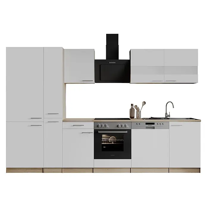 Respekta Küchenzeile Merle - Breite: 310 cm, Weiß, Mit Elektrogeräten - Moderne weiße Einbauküche mit schwarzen Geräten: Backofen, Kochfeld, Dunstabzugshaube, Geschirrspüler und Spüle, auf heller Holzplatte.