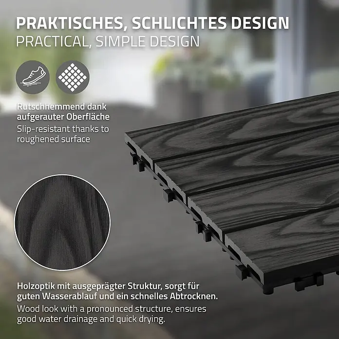 ML-Design Terrassenfliese Bodenbelag 1m²/11 Stück Anthrazit rutschfest Balkonfliesen - 30 cm x 30 cm x 20 mm, Anthrazit - Dunkelgraue Terrassenfliesen in Holzoptik mit strukturierter, rutschfester Oberfläche für gute Wasserableitung.
