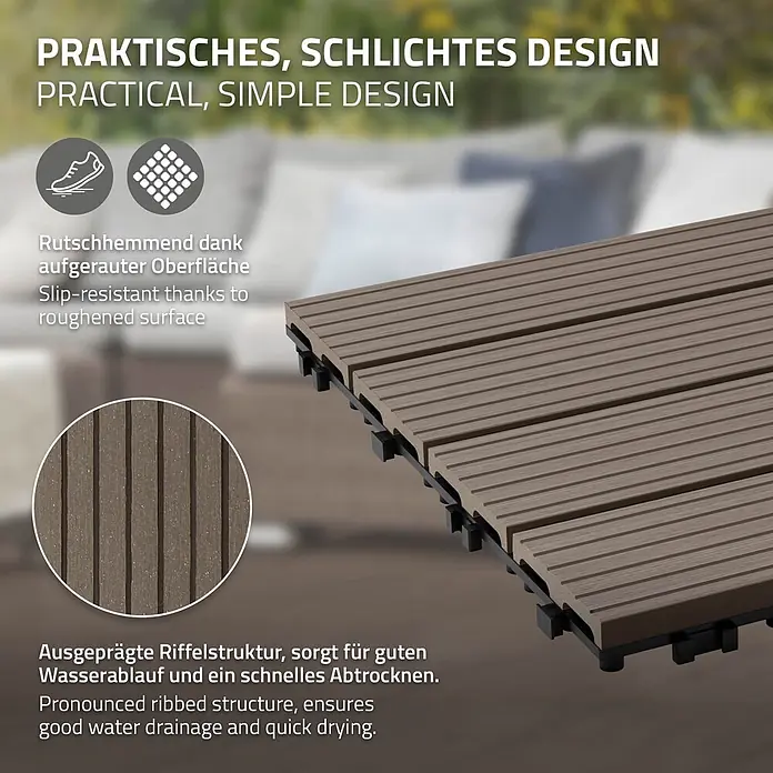 ECD Germany Terrassenfliese Bodenbelag 2m²/22 Stück Dunkelbraun rutschfest Balkonfliesen - 30 cm x 30 cm x 20 mm, Dunkelbraun - Braune, geriffelte WPC-Terrassenfliesen mit Stecksystem für den Außenbereich.