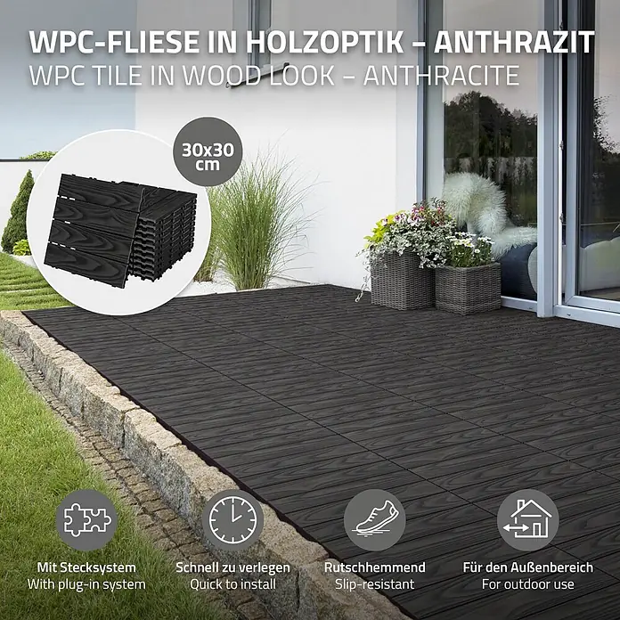 ML-Design Terrassenfliese Bodenbelag 1m²/11 Stück Anthrazit rutschfest Balkonfliesen - 30 cm x 30 cm x 20 mm, Anthrazit - Anthrazitfarbene WPC-Fliesen in Holzoptik auf einer Terrasse verlegt, mit einem Stapel 30x30 cm Fliesen.