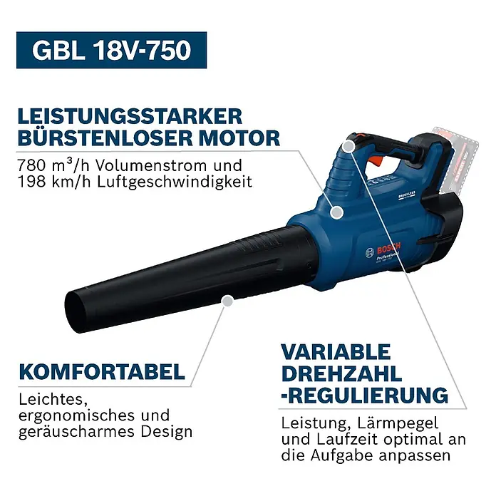 Bosch Professional AMPShare 18V Akku-Gebläse GBL 18V-750 - 18 V, Ohne Akku, Blasgeschwindigkeit: 198 km/h - Blau-schwarzer Bosch GBL 18V-750 Akku-Laubbläser.