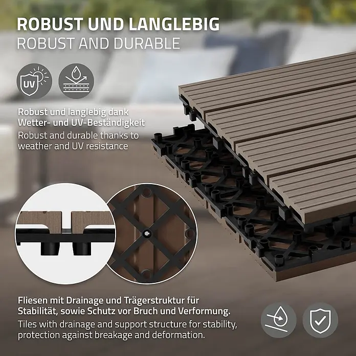 ECD Germany Terrassenfliese Bodenbelag 2m²/22 Stück Dunkelbraun rutschfest Balkonfliesen - 30 cm x 30 cm x 20 mm, Dunkelbraun - Braune, ineinandergreifende Terrassenfliesen mit Drainagesystem, widerstandsfähig gegen UV-Strahlung und Wetter.