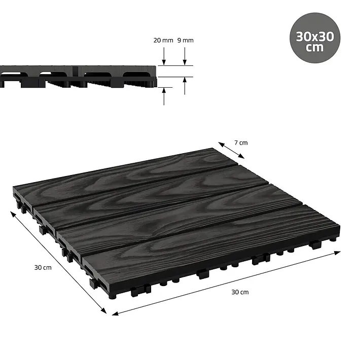ML-Design Terrassenfliese Bodenbelag 1m²/11 Stück Anthrazit rutschfest Balkonfliesen - 30 cm x 30 cm x 20 mm, Anthrazit - Dunkelgraue 30x30 cm WPC Terrassenplatte, 20mm dick, mit ineinandergreifender Basis.