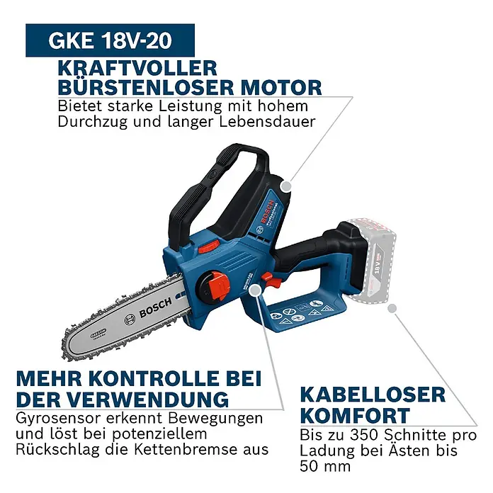 Bosch Professional AMPShare 18V Akku-Astsäge GKE 18V-20 - 18 V, Ohne Akku, Schwertlänge: 20 cm - Blaue und schwarze Bosch GKE 18V-20 Akku-Kettensäge mit 18V Akku, leistungsstarkem bürstenlosem Motor und Gyrosensor zur Rückschlagkontrolle.