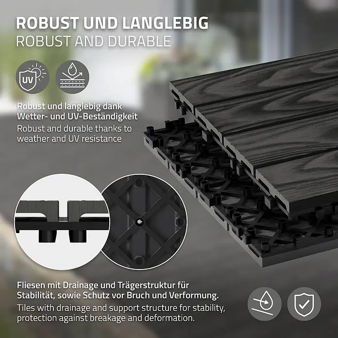 ML-Design Terrassenfliese Bodenbelag 1m²/11 Stück Anthrazit rutschfest Balkonfliesen - 30 cm x 30 cm x 20 mm, Anthrazit - Dunkelgraue WPC-Terrassenfliesen mit Entwässerung und robuster Trägerstruktur.