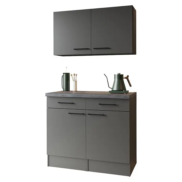 Respekta Oliver Sideboard - Breite: 100 cm, Grau Matt, Mit Oberschrank - Moderne dunkelgraue Küchenschränke mit grauer Arbeitsplatte, schwarzen Griffen und Küchenzubehör auf der Theke.