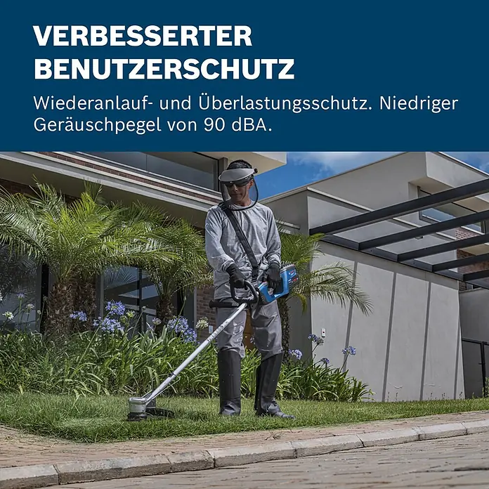 Bosch Professional AMPShare 18V Akku-Freischneider GFR 18V-23 - 18 V, Ohne Akku, Schnittbreite Messer: 23 cm - Person trimmt Rasen mit silber-blauem Akku-Rasentrimmer im Garten.