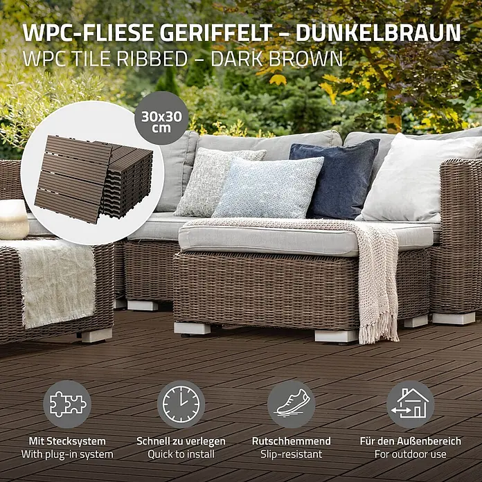 ECD Germany Terrassenfliese Bodenbelag 2m²/22 Stück Dunkelbraun rutschfest Balkonfliesen - 30 cm x 30 cm x 20 mm, Dunkelbraun - Dunkelbraune geriffelte WPC-Fliesen (30x30 cm) als Terrassenboden im Außenbereich, mit Stecksystem, schnell verlegbar und rutschhemmend.