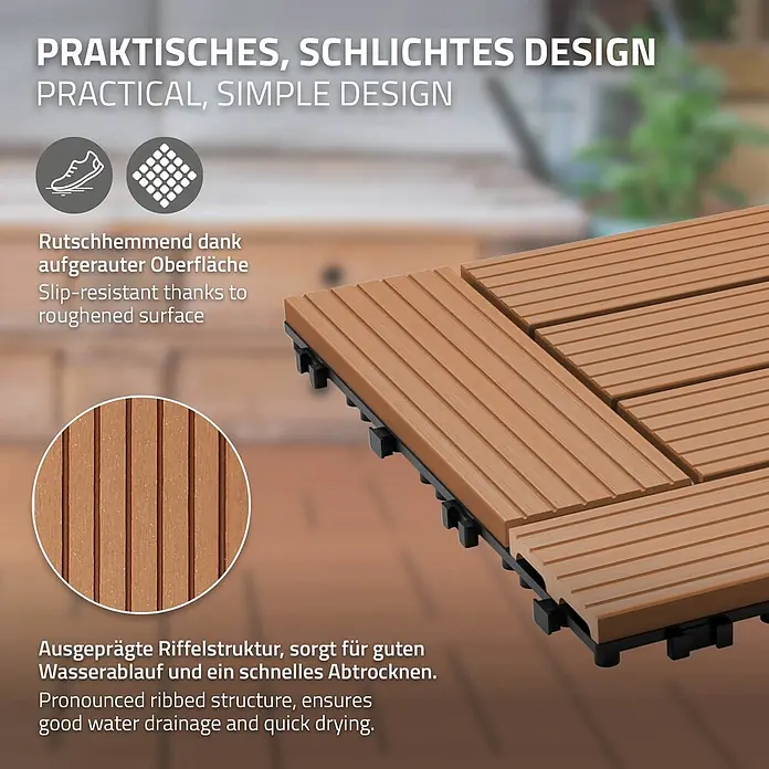 ECD Germany Terrassenfliese Bodenbelag 3m²/33 Stück Hellbraun rutschfest Balkonfliesen - 30 cm x 30 cm x 20 mm, Hellbraun - Braune WPC-Terrassenfliesen mit geriffelter, rutschhemmender Oberfläche für guten Wasserablauf und schnelles Trocknen. Praktisches, einfaches Design.