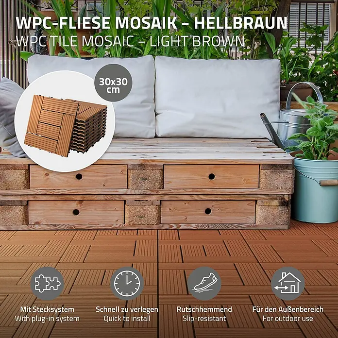 ECD Germany Terrassenfliese Bodenbelag 3m²/33 Stück Hellbraun rutschfest Balkonfliesen - 30 cm x 30 cm x 20 mm, Hellbraun - WPC-Fliesen Mosaik in Hellbraun (30x30 cm) auf einer Terrasse, schnell verlegbar, rutschhemmend, für Außenbereiche.