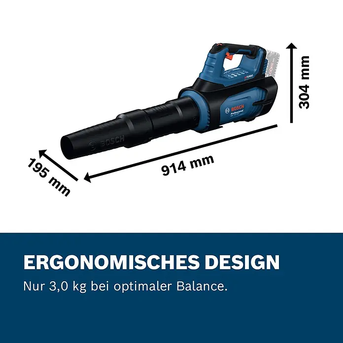 Bosch Professional AMPShare 18V Akku-Laubbläser GBL 18V-800 - 18 V, Ohne Akku, Blasgeschwindigkeit: 200 km/h, Blasleistung: 800 m³/h, Länge: 85,5 cm - Blau-schwarzer Bosch Professional Laubbläser, 914x304x195 mm, 3,0 kg, mit ergonomischem Design.