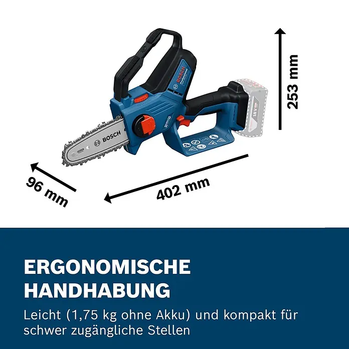 Bosch Professional AMPShare 18V Akku-Astsäge GKE 18V-15 - 18 V, Ohne Akku, Schwertlänge: 15 cm - Blau-schwarze Bosch 18V Akku-Mini-Kettensäge. Kompakt (402x253x96mm) und leicht (1,75 kg ohne Akku) für ergonomische Nutzung.