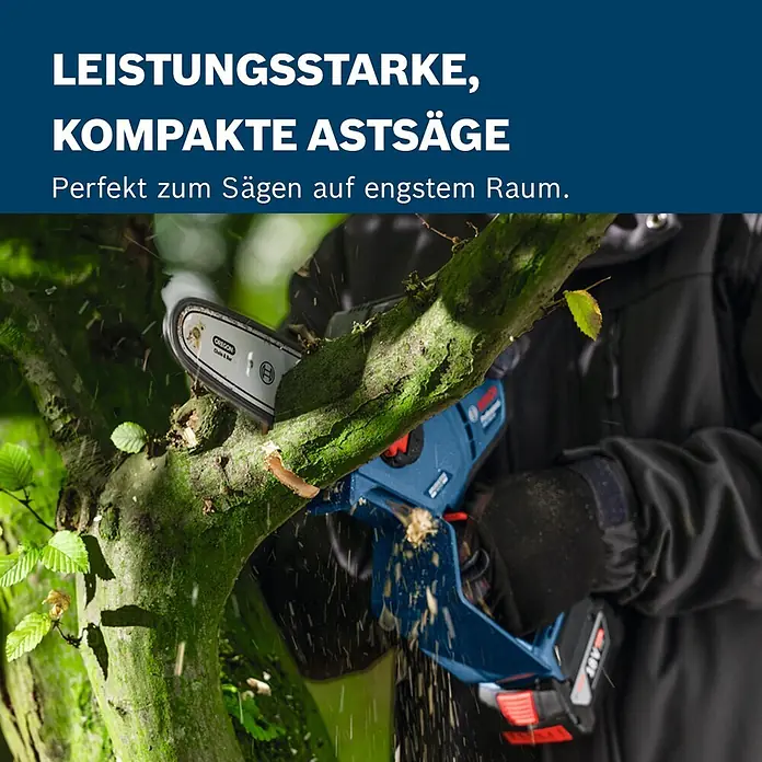 Bosch Professional AMPShare 18V Akku-Astsäge GKE 18V-20 - 18 V, Ohne Akku, Schwertlänge: 20 cm - Blaue, kompakte Akku-Astsäge von Bosch Professional beim Baumschnitt.