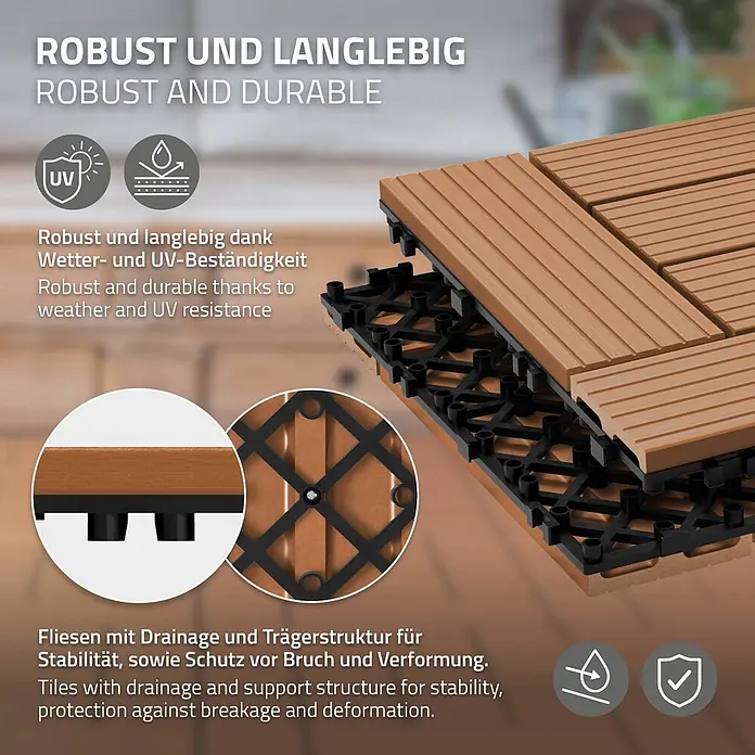 ECD Germany Terrassenfliese Bodenbelag 3m²/33 Stück Hellbraun rutschfest Balkonfliesen - 30 cm x 30 cm x 20 mm, Hellbraun - Braune Holzoptik-Terrassenfliesen mit schwarzem Kunststoff-Drainagegitter und Stützstruktur, betont UV- und Wetterbeständigkeit.