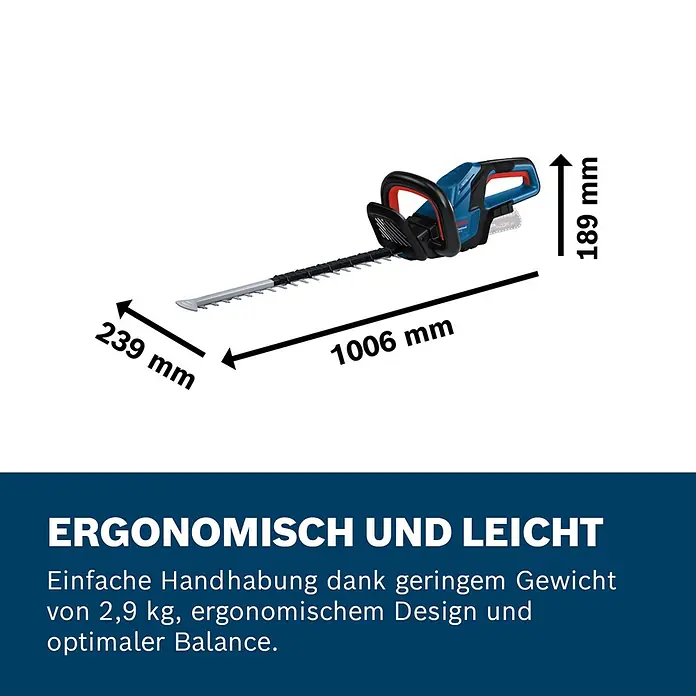 Bosch Professional AMPShare 18V Akku-Heckenschere GHE 18V-50 - 18 V, Ohne Akku, Schnittlänge: 50 cm - Blau-schwarze Akku-Heckenschere mit roten Akzenten, Maße: 1006 mm Länge, 239 mm Breite, 189 mm Höhe.