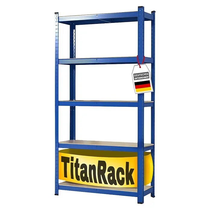 Floordirekt Schwerlastregal Titanrack - H x B x T: 180 x 90 x 60 cm, Traglast pro Boden: 175 kg, Anzahl Böden: 5 Stk., Stecken, Blau - Blaues Metallregal mit fünf Holzablagen, inklusive 'TitanRack' Banner und 'Deutsches Unternehmen' Etikett.