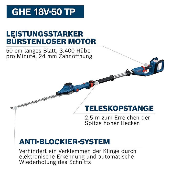 Bosch Professional AMPShare 18V Teleskop-Heckenschere GHE 18V-50 TP (18 V, Ohne Akku, Schnittlänge: 50 cm) | BAUHAUS