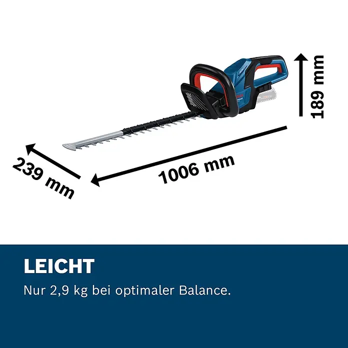 Bosch Professional AMPShare 18V Akku-Heckenschere GHE 18V-50 II - 18 V, Ohne Akku, Schwertlänge: 50 cm - Blaue und schwarze Akku-Heckenschere mit roten Akzenten, Maße 1006x239x189 mm, wiegt 2,9 kg für leichte Handhabung.