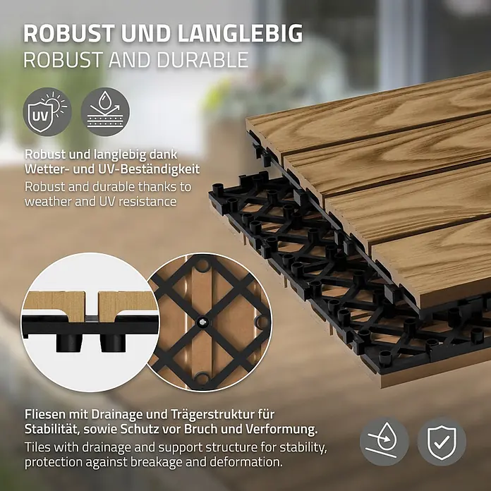 ML-Design Terrassenfliese Bodenbelag 3m²/33 Stück Teak rutschfest Balkonfliesen - 30 cm x 30 cm x 20 mm, Teak - Braune Terrassenfliesen in Holzoptik mit schwarzem Drainagegitter als Basis, langlebig und wetter-/UV-beständig für den Außenbereich.