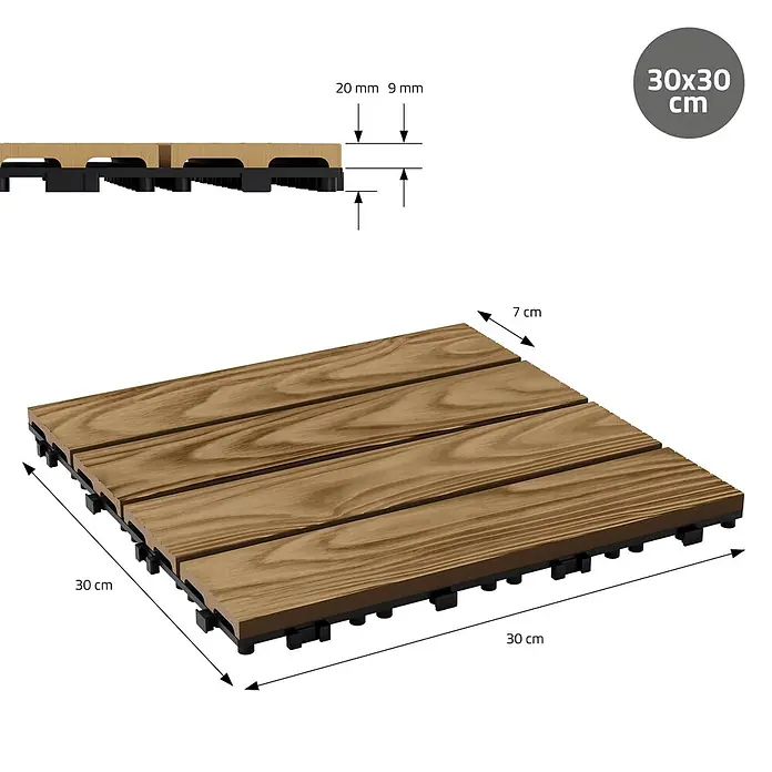 ML-Design Terrassenfliese Bodenbelag 3m²/33 Stück Teak rutschfest Balkonfliesen - 30 cm x 30 cm x 20 mm, Teak - Braune Holzoptik-Terrassenplatte (30x30 cm), 29 mm stark, mit schwarzem Kunststoffunterbau.