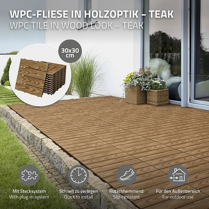 ML-Design Terrassenfliese Bodenbelag 3m²/33 Stück Teak rutschfest Balkonfliesen - 30 cm x 30 cm x 20 mm, Teak - WPC-Fliesen in Teak-Holzoptik, 30x30 cm, mit Stecksystem, auf einer Terrasse verlegt.