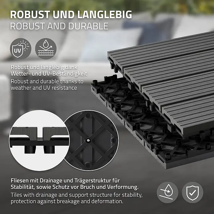 ECD Germany Terrassenfliese Bodenbelag 1m²/11 Stück Anthrazit rutschfest Balkonfliesen - 30 cm x 30 cm x 20 mm, Anthrazit - Nahaufnahme dunkelgrauer WPC-Terrassenfliesen, mit geriffelter Oberfläche, Verbundsystem, integrierter Drainage- und Stützstruktur für Stabilität und Haltbarkeit.