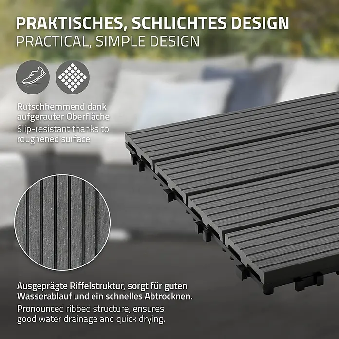 ECD Germany Terrassenfliese Bodenbelag 1m²/11 Stück Anthrazit rutschfest Balkonfliesen - 30 cm x 30 cm x 20 mm, Anthrazit - Dunkelgraue, ineinandergreifende WPC-Terrassenfliesen mit geriffelter, rutschfester Oberfläche für gute Wasserableitung.