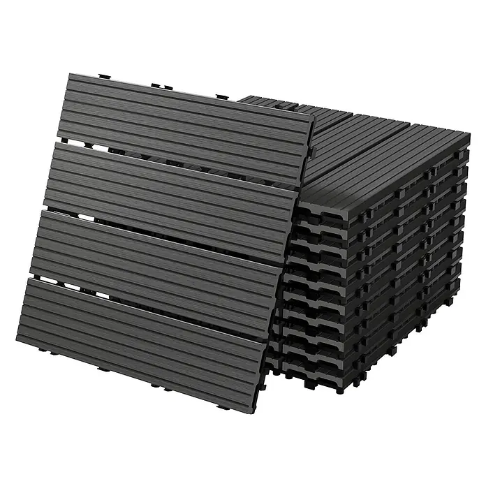 ECD Germany Terrassenfliese Bodenbelag 1m²/11 Stück Anthrazit rutschfest Balkonfliesen - 30 cm x 30 cm x 20 mm, Anthrazit - Gestapelte dunkelgraue WPC-Terrassenfliesen mit Holzmaserung.