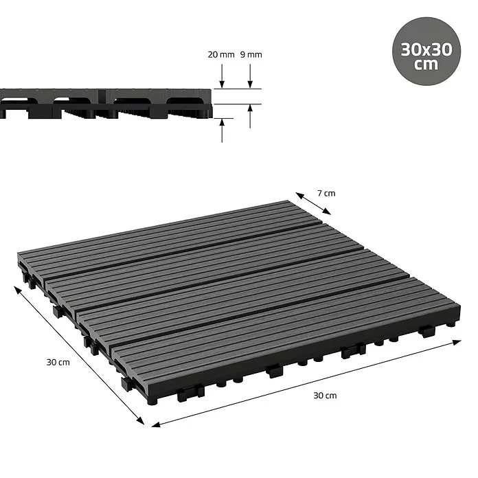ECD Germany Terrassenfliese Bodenbelag 1m²/11 Stück Anthrazit rutschfest Balkonfliesen - 30 cm x 30 cm x 20 mm, Anthrazit - Graue, gerillte Terrassenfliese, 30x30 cm, mit Stecksystem. Gesamthöhe 20mm.