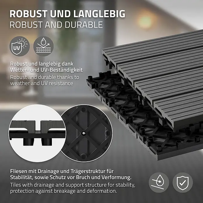 ECD Germany Terrassenfliese Bodenbelag 1m²/6 Stück Anthrazit rutschfest Balkonfliesen - 60 cm x 30 cm x 20 mm, Anthrazit - Dunkelgraue Verbundfliesen mit Drainagesystem und Tragstruktur für Stabilität und Langlebigkeit.