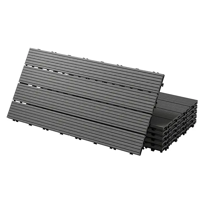 ECD Germany Terrassenfliese Bodenbelag 1m²/6 Stück Anthrazit rutschfest Balkonfliesen - 60 cm x 30 cm x 20 mm, Anthrazit - Gestapelte und ausgelegte graue WPC-Terrassenfliesen mit gerillter Oberfläche.