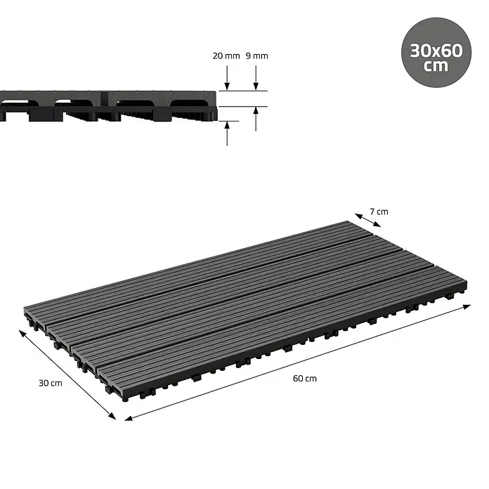 ECD Germany Terrassenfliese Bodenbelag 1m²/6 Stück Anthrazit rutschfest Balkonfliesen - 60 cm x 30 cm x 20 mm, Anthrazit - Dunkelgraue 30x60 cm WPC Terrassenplatte, zeigt 20 mm Lamellen- und 9 mm Basisdicke.