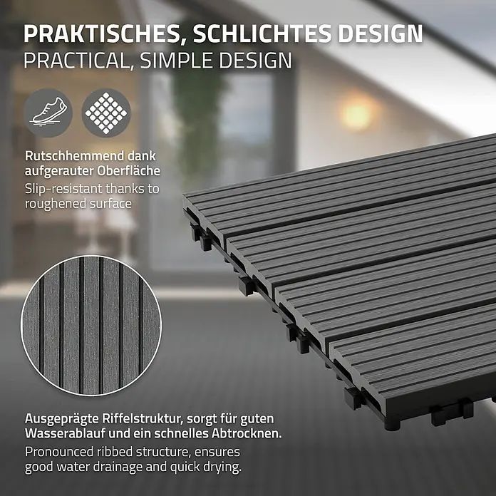 ECD Germany Terrassenfliese Bodenbelag 1m²/6 Stück Anthrazit rutschfest Balkonfliesen - 60 cm x 30 cm x 20 mm, Anthrazit - Dunkelgraue, geriffelte Verbund-Terrassenfliesen. Sie haben eine rutschfeste Oberfläche und gute Wasserableitung.