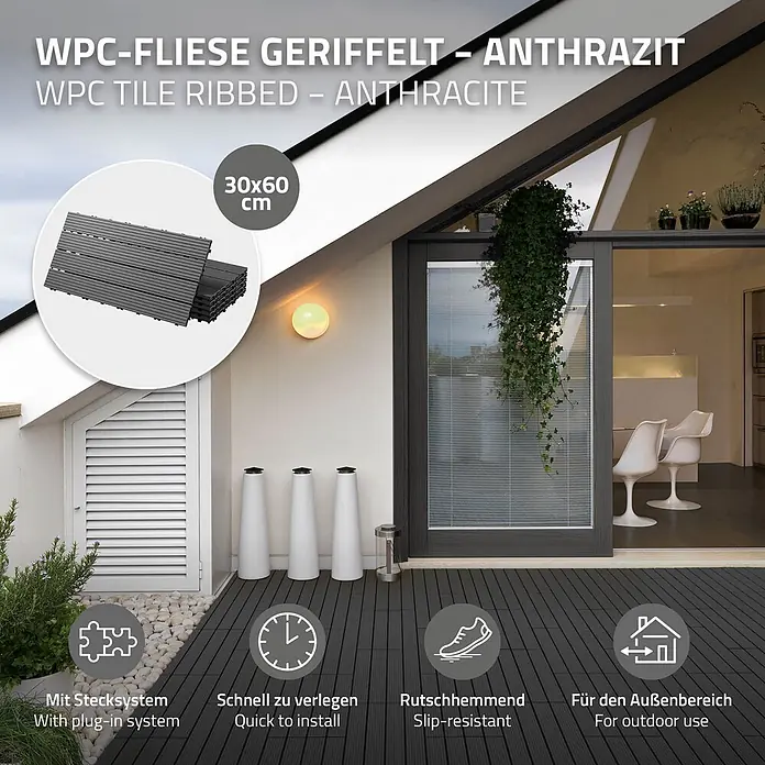 ECD Germany Terrassenfliese Bodenbelag 1m²/6 Stück Anthrazit rutschfest Balkonfliesen - 60 cm x 30 cm x 20 mm, Anthrazit - Anthrazit geriffelte WPC-Fliesen (30x60 cm) mit Stecksystem, als Terrassenboden auf einem Balkon verlegt.