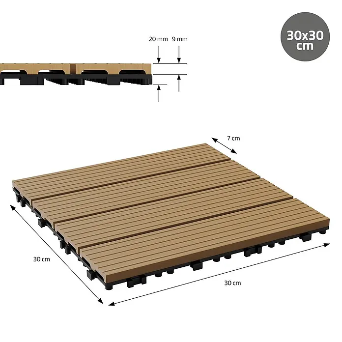 ECD Germany Terrassenfliese Bodenbelag 3m²/33 Stück Teak rutschfest Balkonfliesen - 30 cm x 30 cm x 20 mm, Teak - Hellbraune 30x30 cm Terrassenplatte mit drei Lamellen auf schwarzer Klick-Unterkonstruktion, Gesamthöhe 7 cm.